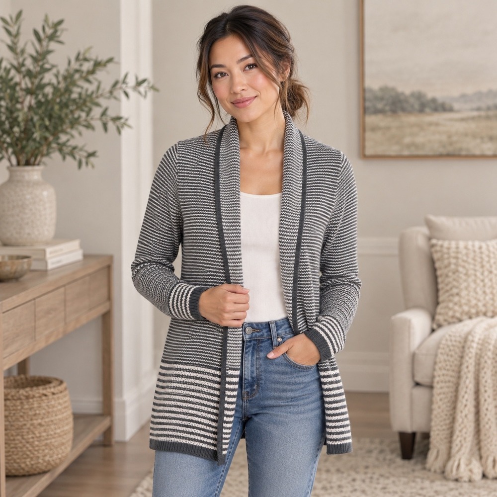 Croft & Barrow Cardigan Womens XS Grey White Striped Shawl Collar Open Front